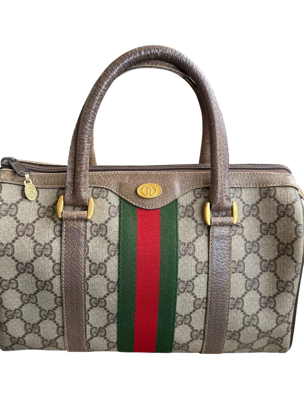 Gucci Brown GG Canvas Top-Handle Bag with Green-Red Web Stripe